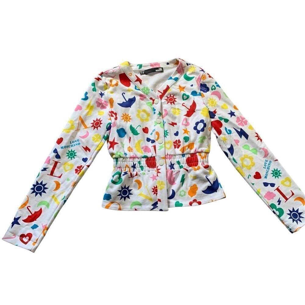 NEW LOVE MOSCHINO SYMBOLS white SNAP CARDI SWEATSHIRT sz US 4